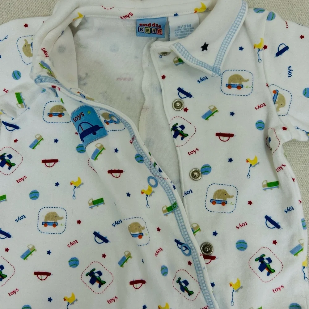 Cuddle Bear Vintage Playful White and Blue 100% Cotton Baby Footie 0/3M